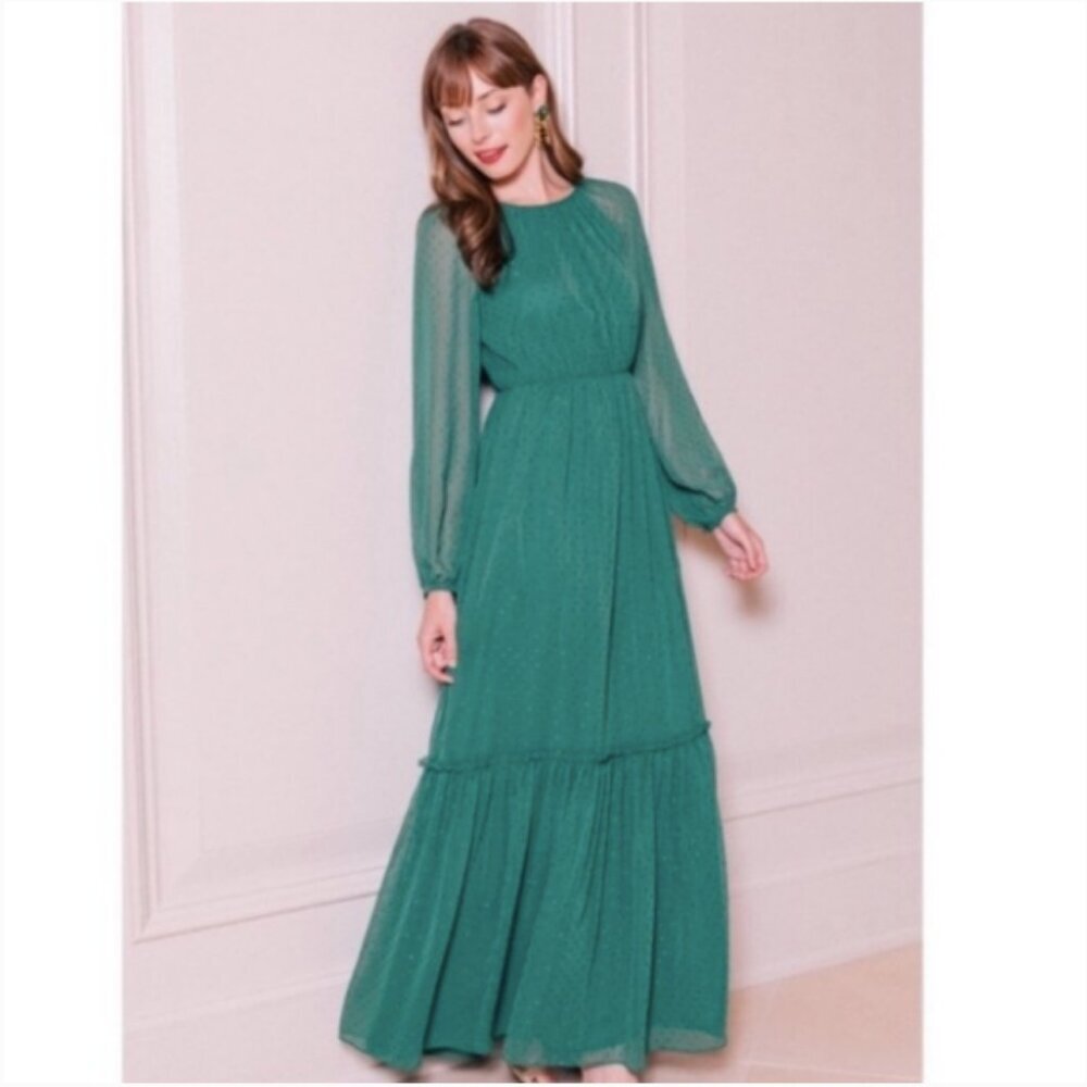 GAL MEETS GLAM Georgette Tiered Maxi Dress in Holly Green 16 Sheer Flowy Women